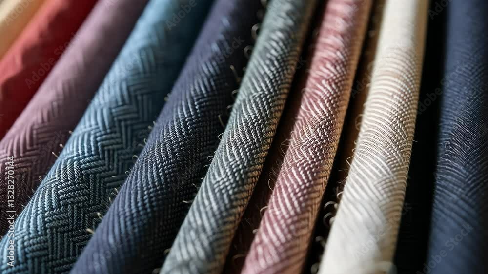 Poster A row of different colored fabric with a blue stripe. The blue stripe is on the left side of the row