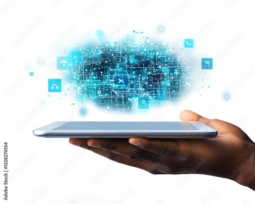 Poster businessman holding tablet with hovering digital security icons above, representing data protection,