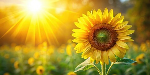 Warm sunlight illuminates a bright yellow sunflower on a summer day, symbolizing happiness and joy, hello july, sunny