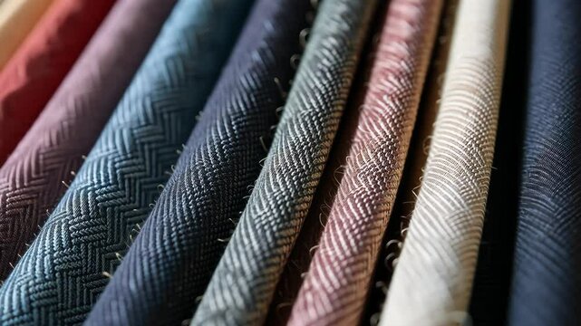 A row of different colored fabric with a blue stripe. The blue stripe is on the left side of the row