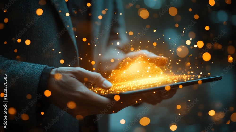 Poster Close up of businessman holding tablet with cloud computing hologram, blurry bokeh background, representing database and storage, double exposure technique