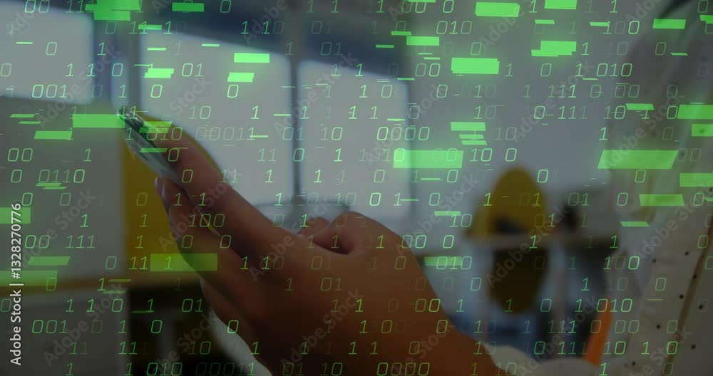 Poster binary code animation over person using smartphone in modern office environment