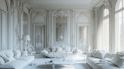 Naklejka premium 3D Parisian-chic living room with elegant white decor,