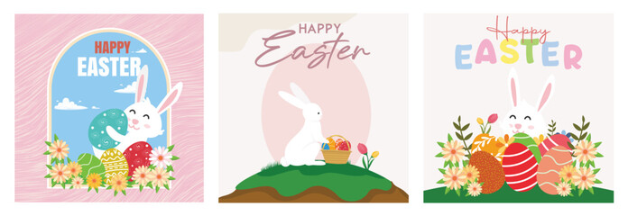 Happy Easter greeting card with cute bunnies, eggs and colorful flowers.