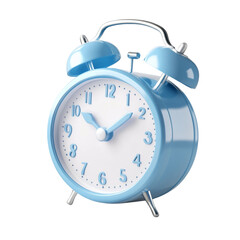 3D icon of an alarm clock, with a white and blue color palette, isolated on a transparent background