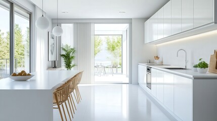 kitchen with white counters and a folding screen near a white wall.