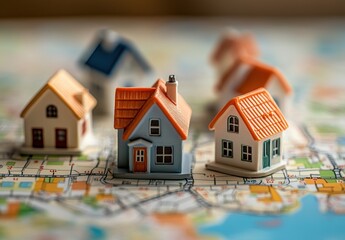 Miniature houses on a city map representing real estate investment, property planning, and urban development in a colorful and engaging way