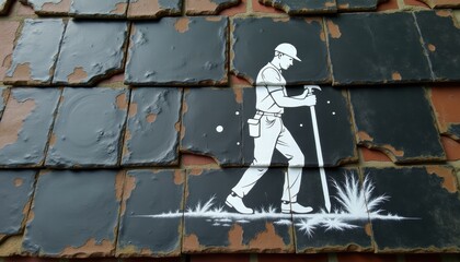 Roofing handyman chalk silhouette on slate background for construction websites, contractor blogs and home repair advertisements
