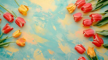 A flat lay of fresh tulips scattered on a pastel surface with room for text digital