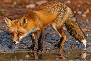 Fototapeta premium Red Fox by Puddle in Natural Habitat