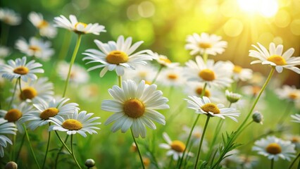 Fototapeta premium A tranquil atmosphere is created by a sea of blooming chamomile flowers swaying gently in the breeze amidst a lush green garden backdrop, chamomile, calming