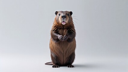 Wet beaver standing on hind legs on white background