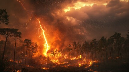 lightning bolt striking the ground, igniting a forest fire that rapidly spreads through the dry underbrush, while a distant thunderstorm rages above