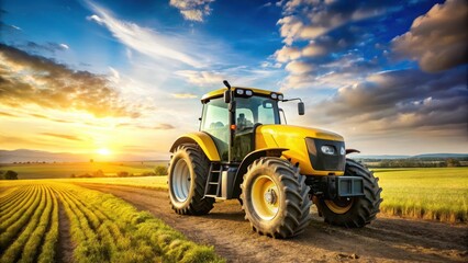 Obraz premium A large yellow agricultural tractor stands prominently in a field, its powerful engine and robust wheels ready for heavy-duty farming tasks , countryside, rural landscape