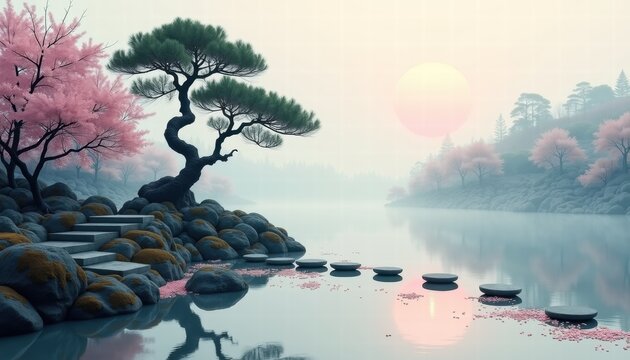 Misty Chinese Landscape with Pine Tree for Zen Meditation Apps Cultural Blogs Wall Art Asian-inspired Presentations