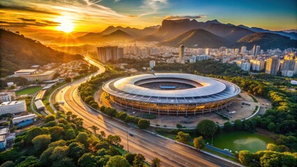 Aerial view of Maracana Stadium at sunset with trees and mountains in the background, urban, sports venue,  urban