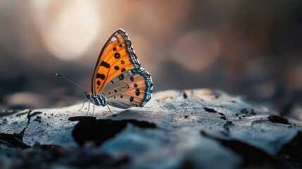 Obraz premium moment of stillness as a butterfly lands on a burnt leaf.