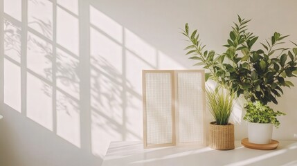 minimalist kitchen where white countertops and a folding screen near a white wall highlight the clean lines and modern design of the space