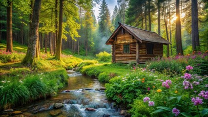 Naklejka premium A small wooden house nestled among tall trees and lush greenery in a secluded forest clearing surrounded by a babbling brook and vibrant wildflowers, nature escape, seclusion