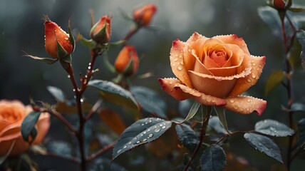 "Orange Rose Bloom with Dew and Autumn Rose Hips &ndash; Macro Photography in Soft Botanical Tones"

