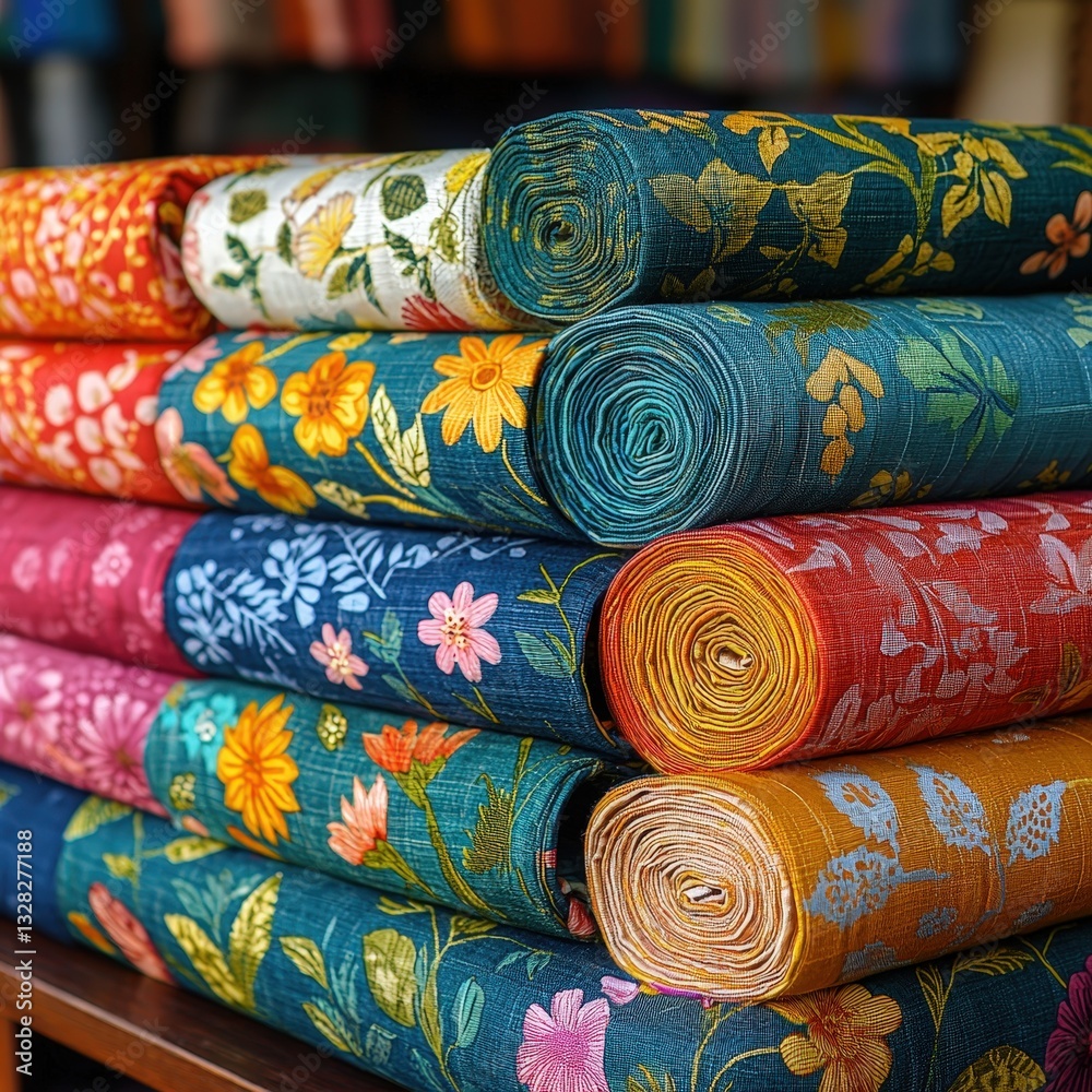 Poster a stack of colorfully printed fabric layers highlighting diverse patterns and textures for creative 