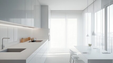 kitchen with white counters and a folding screen near a white wall.