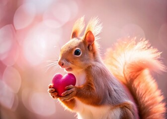 Pink Squirrel with Heart Acorn in Enchanted Forest - Dreamy Close-up