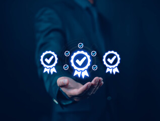 Businessman holding quality certification mark, audit, business, assurance, control, digital, service, complete, assessment, checklist, data with quality icon.