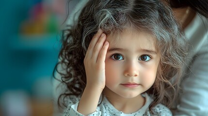 Fototapeta premium Close up portrait of a young girl with curly hair and a contemplative introspective expression conveying a sense of vulnerability and wonder