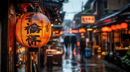 Naklejka premium Rainy evening in traditional japanese street colorful lanterns urban scene serene atmosphere captivating view