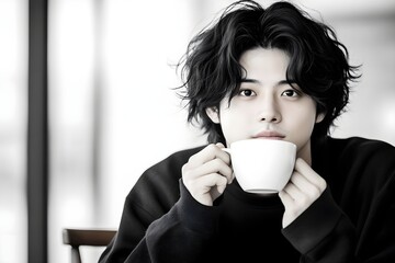 A man with long hair is holding a white coffee cup