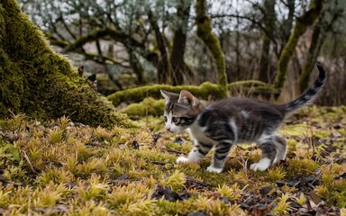 Fototapeta premium Pet Influencer, Kitten Exploring Mossy Forest Floor