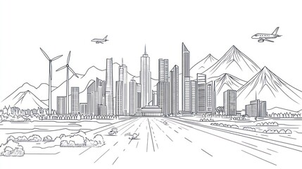Naklejka premium Cityscape sketch, urban panorama, mountains, wind turbines, planes