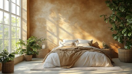 Cozy bedroom with earthy tones and natural light