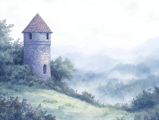 Misty Mountain Landscape with Stone Tower