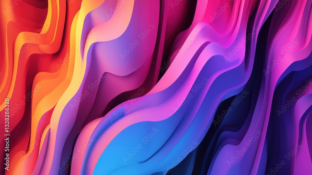 Poster A vibrant abstract design featuring flowing waves of color in shades of orange, pink, and blue, creating a dynamic visual effect.