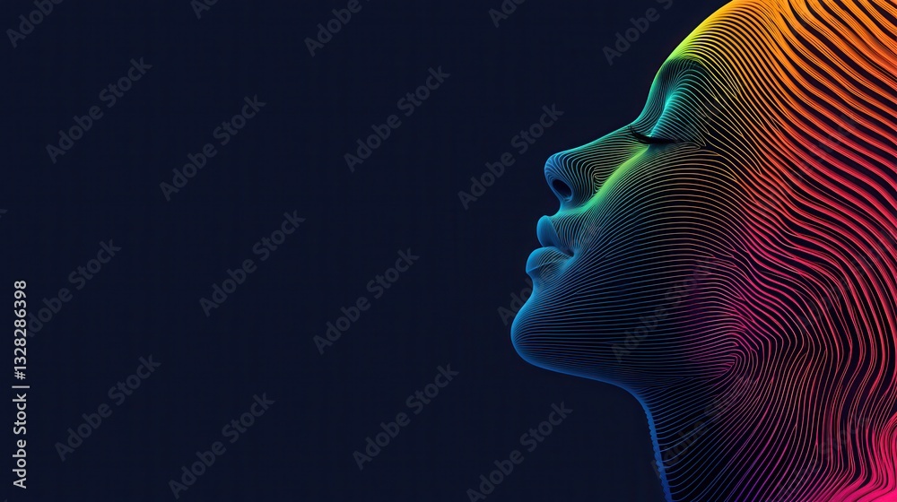 Poster a colorful, abstract representation of a human face in profile, featuring intricate line patterns ag