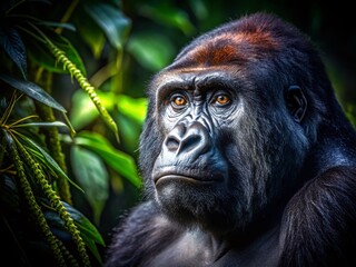 Obraz premium Powerful Night Portrait: Close-up of a Black Gorilla's Profile Against Lush Greenery