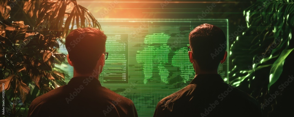 Aufkleber Two individuals observe a digital interface displaying data amidst lush greenery, creating a blend of technology and nature.