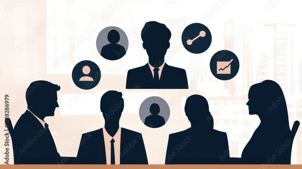Poster a silhouette of a business meeting featuring figures discussing various topics represented by icons 