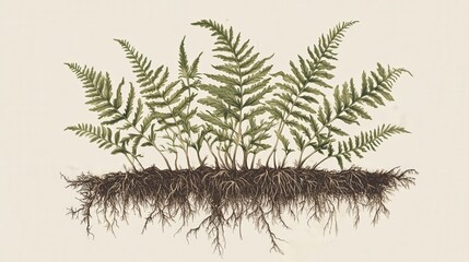 fern, detailing its root system, fronds, and reproductive spores, showcasing its unique growth pattern.