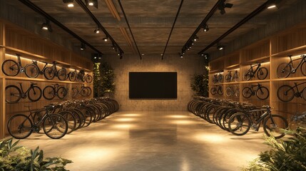 Bicycle display and sales event urban bike shop interior showcase modern environment wide-angle view