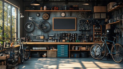Fototapeta premium Bicycle repair workshop urban garage visual content organized environment wide angle diy maintenance guide