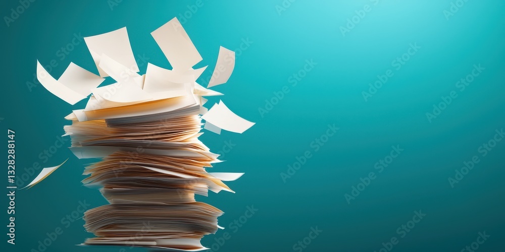 Poster a dynamic stack of scattered papers against a teal background, symbolizing chaos and disorganization