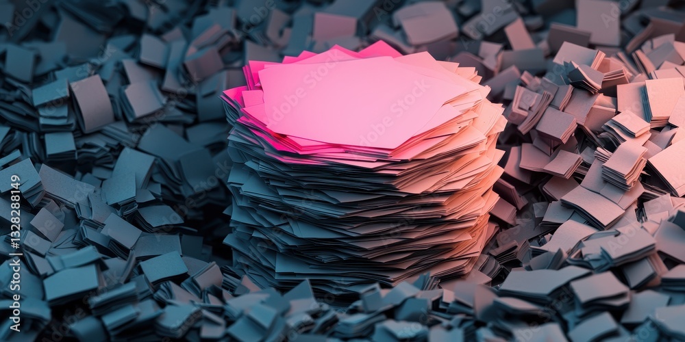 Poster A vibrant stack of colorful paper sits surrounded by small paper scraps, creating a visually striking contrast in a creative setting.