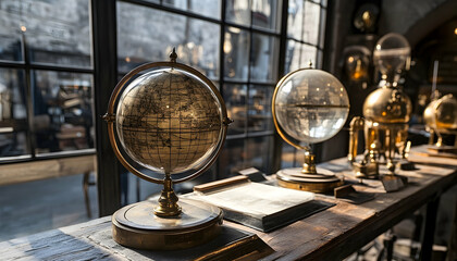 Antique globes on wooden display in a historic shop