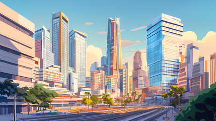 Vibrant city skyline at sunset with modern skyscrapers, bustling streets, and clear blue skies