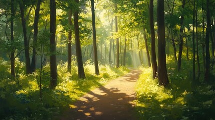 Obraz premium summer forest trail with sunlight filtering through the trees, casting dappled shadows on the forest floor.