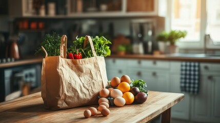 busy family kitchen where a grocery bag filled with seasonal fruits, greens, and eggs rests on a wooden table for preparation