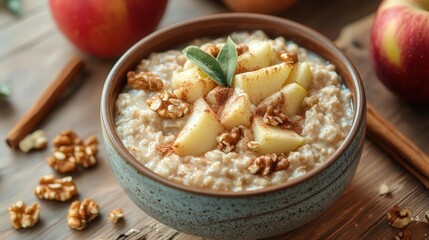 warm spiced apple and cinnamon oatmeal with walnuts for a fiber-rich breakfast